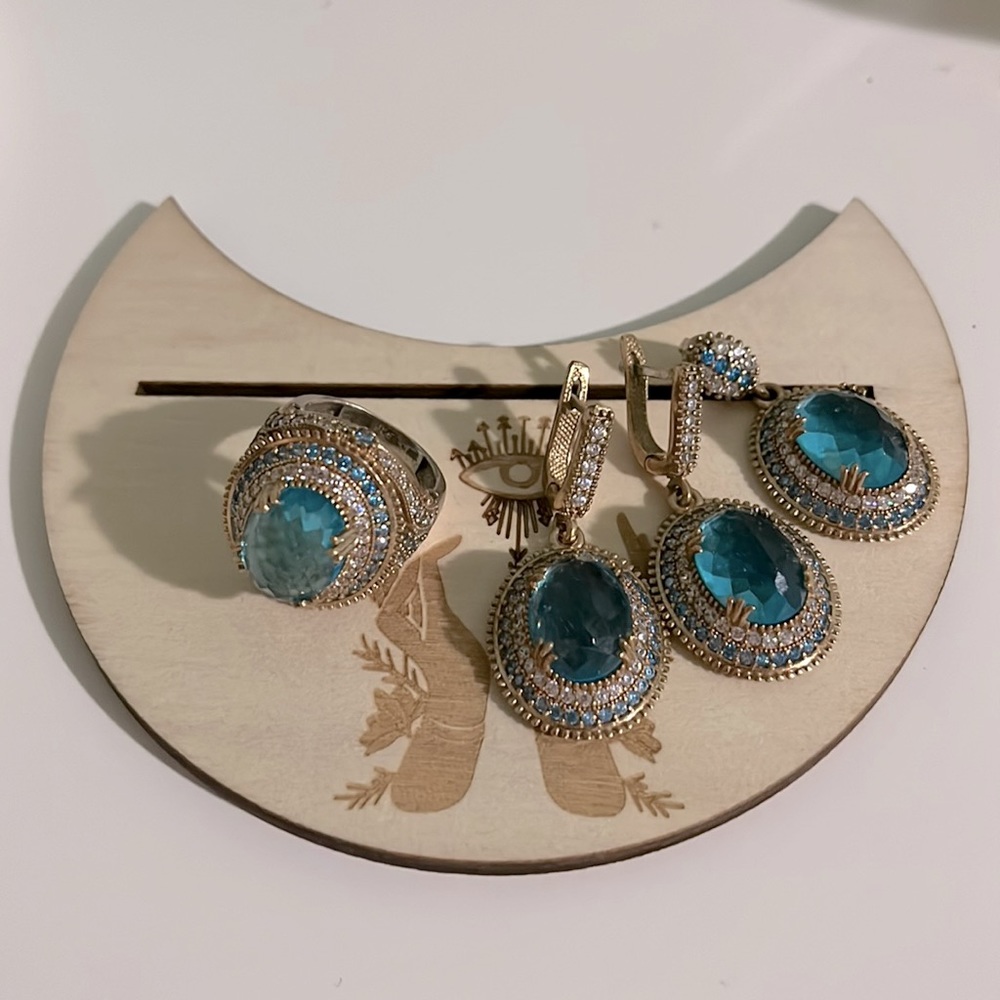 Pendant, ring and earrings Blue Set